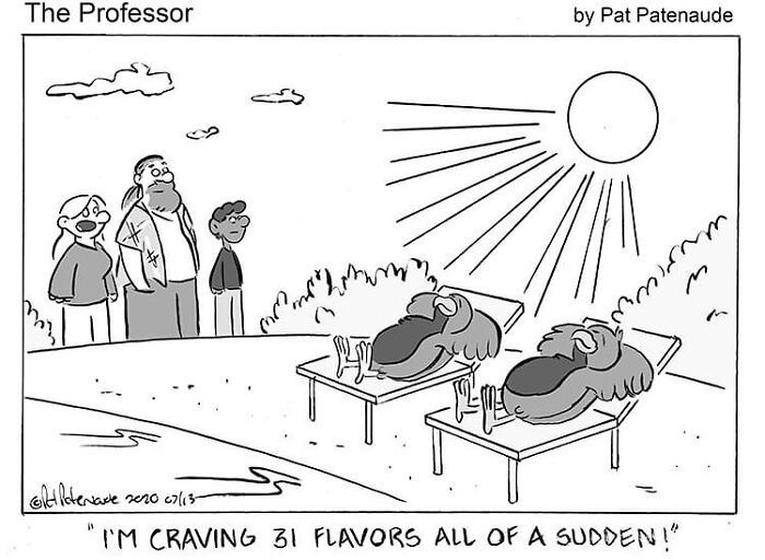 Two sunbathing turkeys on lounge chairs joke about craving flavors. Observers smile, showcasing positive humor in the comic.