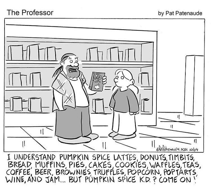 Cartoonist's comic shows two characters discussing various pumpkin spice foods humorously in a grocery aisle.