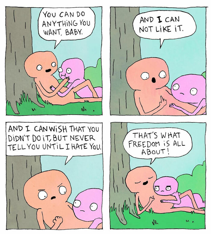 Two cartoon characters discussing freedom under a tree, illustrating life's absurdity in a comic by Pierre Mortel.