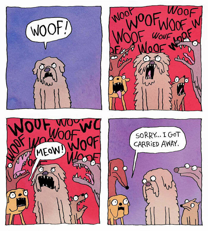 Comic by Pierre Mortel featuring dogs barking and one mistakenly meowing, then apologizing humorously.