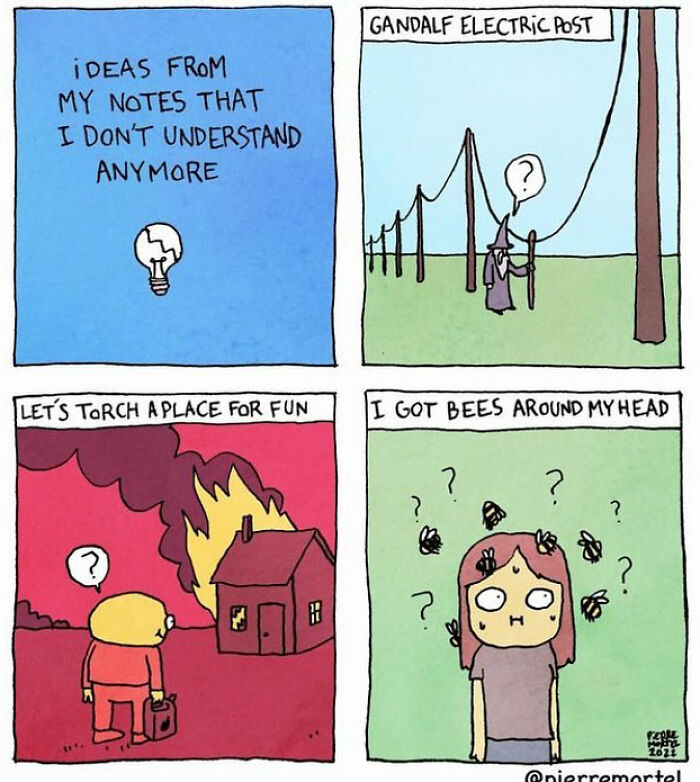 Comics by Pierre Mortel illustrating absurd scenarios with a light bulb, Gandalf, a fire, and a person with bees.