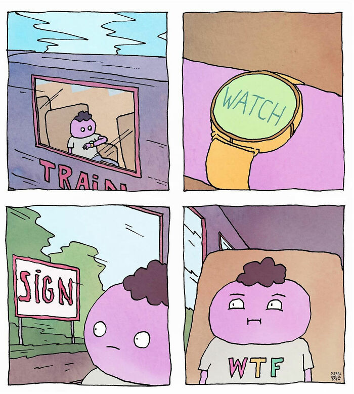A character on a train sees "watch" and "sign" but reacts confused, wearing a "W*F" shirt in a comic by Pierre Mortel.
