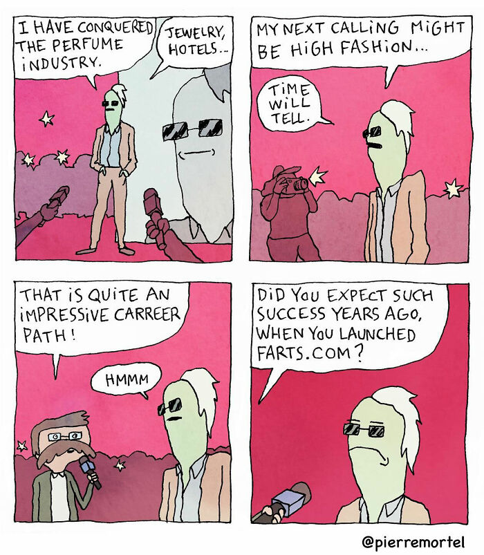 Comic by Pierre Mortel depicting a humorous interview about career success in perfume and fashion industries.