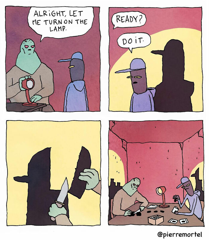 Comic by Pierre Mortel depicting humorous scenes with a lamp, shadow, and two characters engaging in an absurd activity.