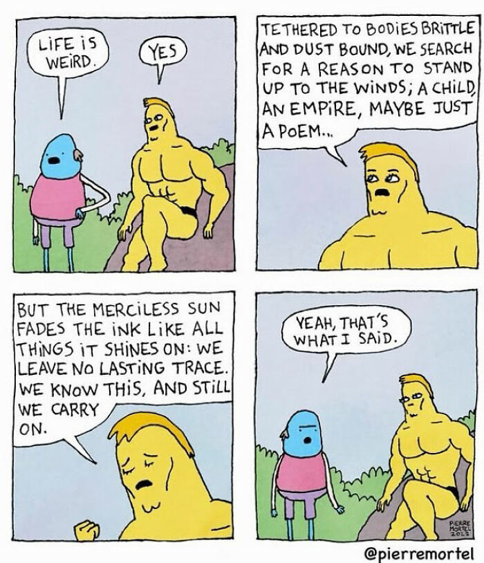 Comic by Pierre Mortel featuring conversation between two characters discussing the absurdity of life.