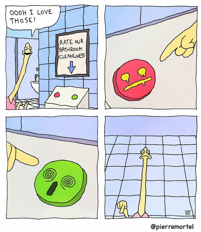 Comic by Pierre Mortel depicting a humorous bathroom cleanliness rating system.
