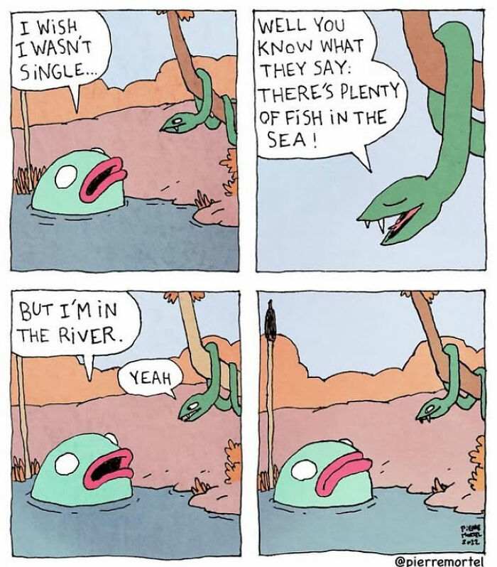 Comic by Pierre Mortel featuring a fish and a snake discussing life in a river with humor.