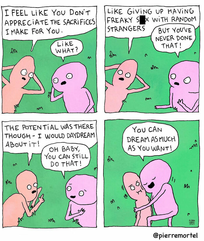 Comic by Pierre Mortel showing two characters discussing sacrifices and dreaming in a humorous setting.