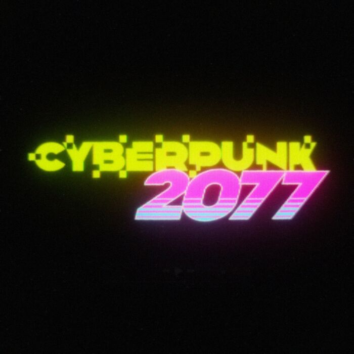 Retro 80s twist on Cyberpunk 2077 logo, featuring neon colors and pixelated style.