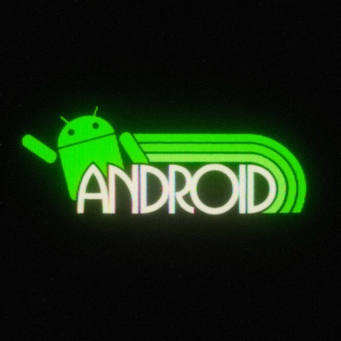 Retro 80s twist on Android logo with neon green design and vintage style typography.