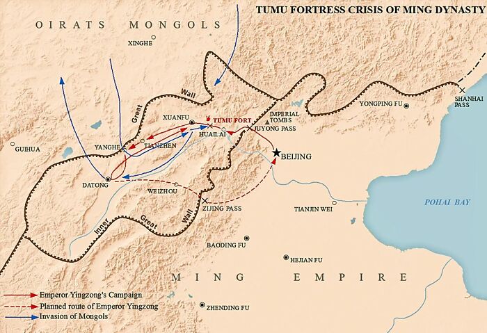 Map of Tumu Fortress Crisis showing routes of Mongol invasion and Emperor Yingzong's campaign, highlighting surprising war victories.