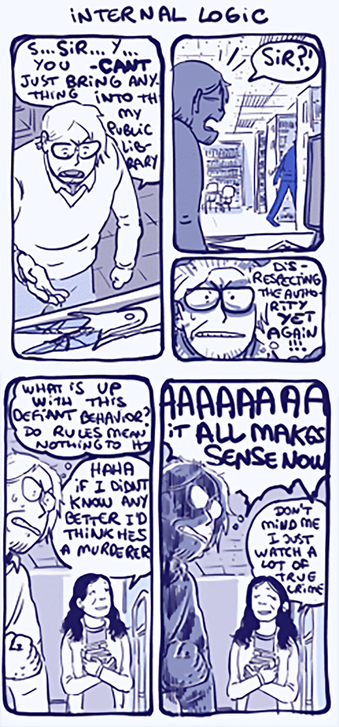 Comic strip featuring unusual, outcast character Rodney in humorous library scenario with quirky interactions. Comic strip featuring unusual, outcast character Rodney in humorous library scenario with quirky interactions.