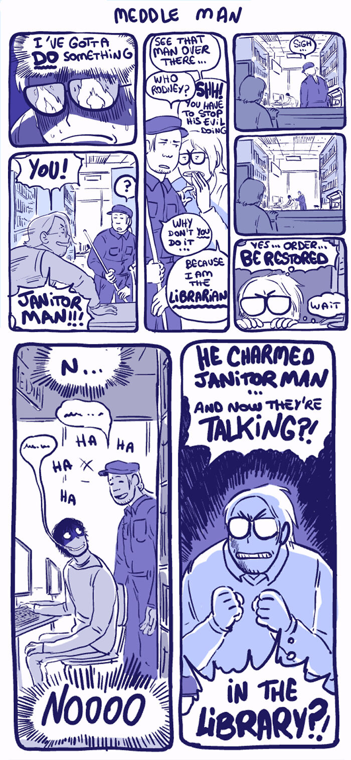 Comic strip featuring Rodney, an unusual outcast character, interacting humorously in a library setting. Comic strip featuring Rodney, an unusual outcast character, interacting humorously in a library setting.