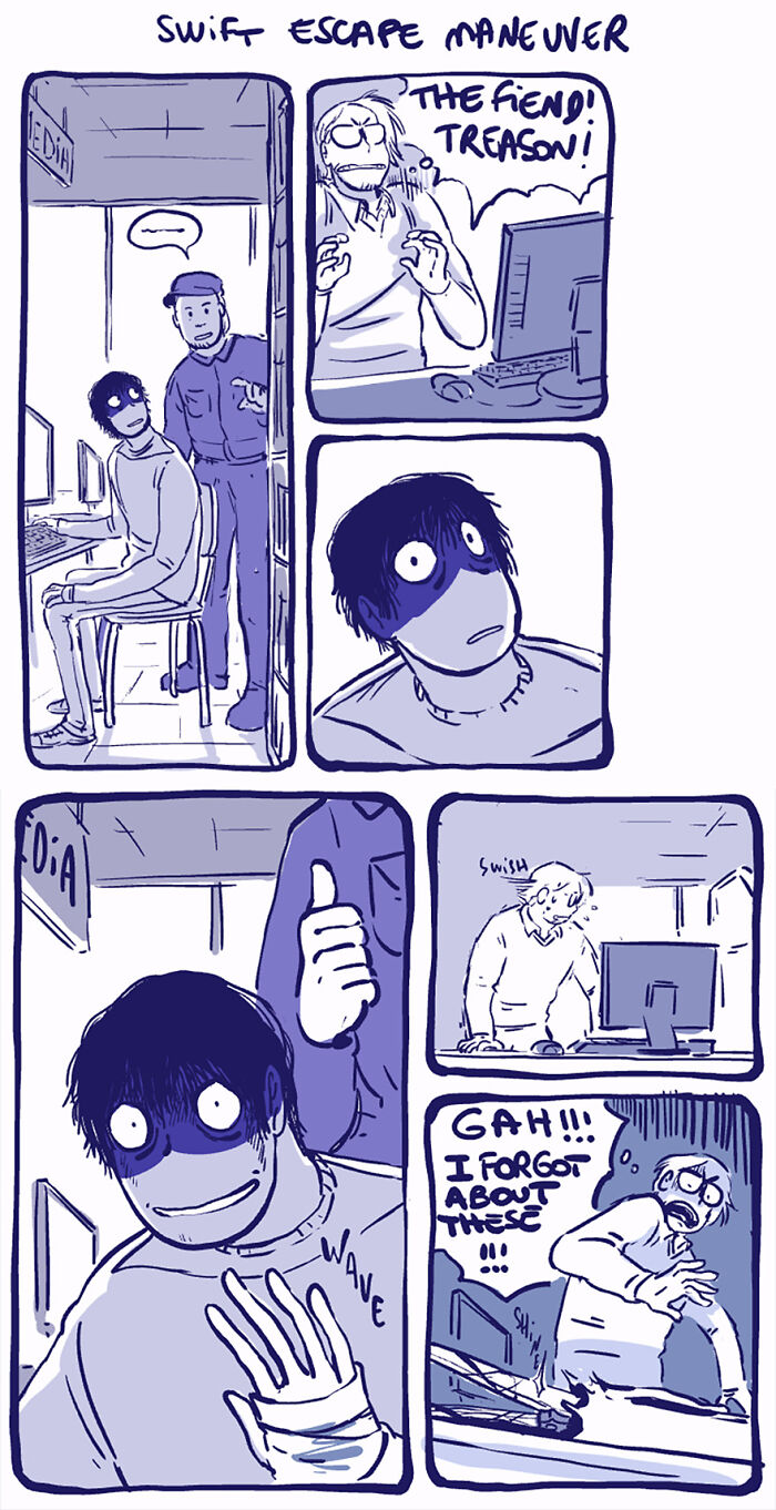 Comic featuring Rodney, an unusual outcast character, as he performs a swift escape maneuver in an office setting. Comic featuring Rodney, an unusual outcast character, as he performs a swift escape maneuver in an office setting.