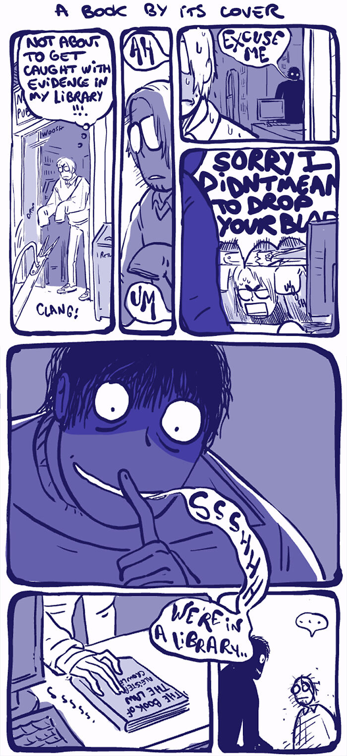 Comic strip featuring Rodney, an unusual character, causing a scene in a library with exaggerated expressions and dialogue. Comic strip featuring Rodney, an unusual character, causing a scene in a library with exaggerated expressions and dialogue.