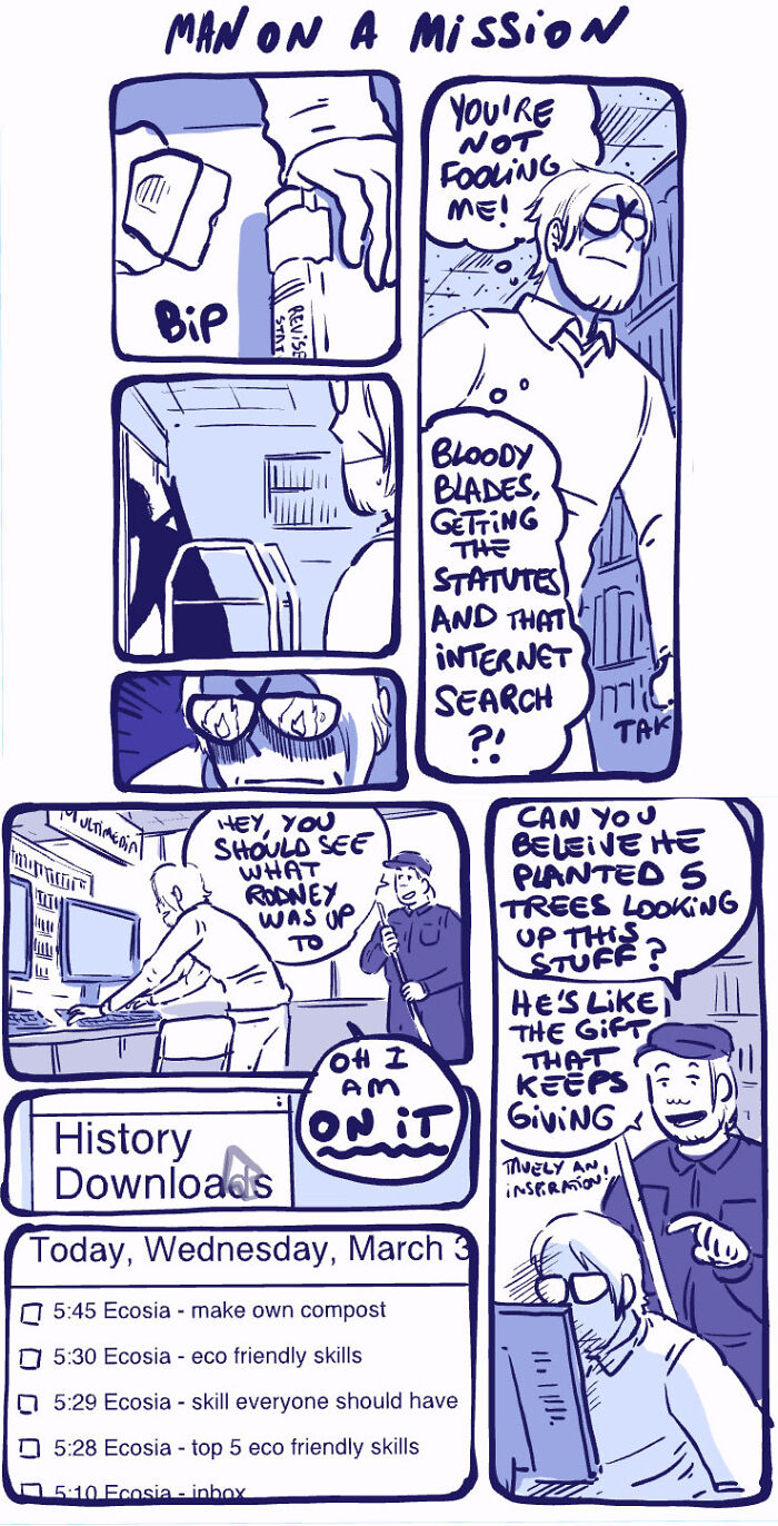 Comic strip featuring Rodney, an unusual character, on an eco-friendly mission with humorous dialogue and internet search. Comic strip featuring Rodney, an unusual character, on an eco-friendly mission with humorous dialogue and internet search.