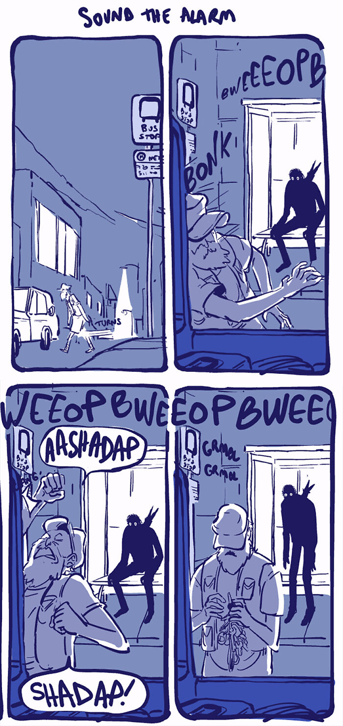 Comic strip featuring the unusual character Rodney observing people at a bus stop. Comic strip featuring the unusual character Rodney observing people at a bus stop.