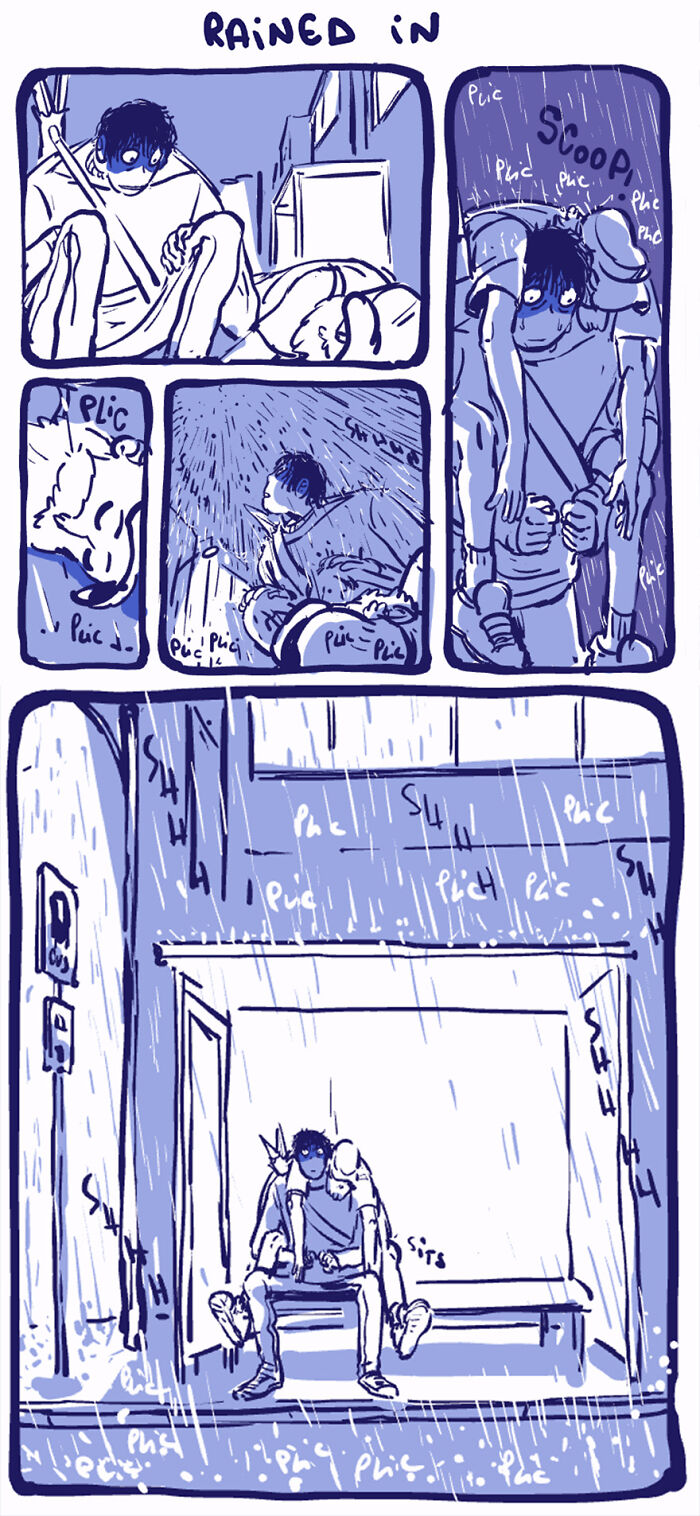 Comic of an unusual outcast character named Rodney seeking shelter from the rain. Comic of an unusual outcast character named Rodney seeking shelter from the rain.