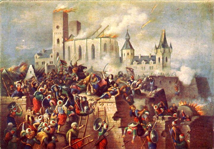 Historic battle scene depicting surprising war victories with soldiers storming a burning medieval fortress.