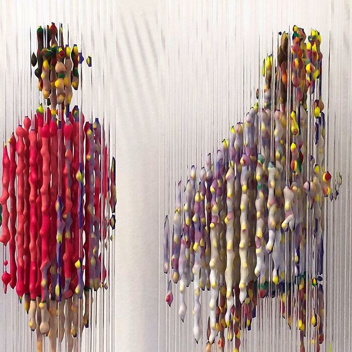 Three-dimensional paintings of people by Chris Dorosz, featuring fragmented, colorful vertical segments.
