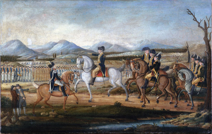 Military leaders on horseback in a historical event with troops and mountains in the background.