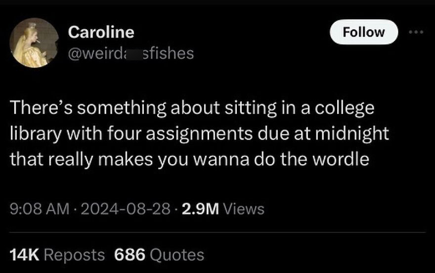 Funny puncrastination meme about doing Wordle instead of assignments in a college library.