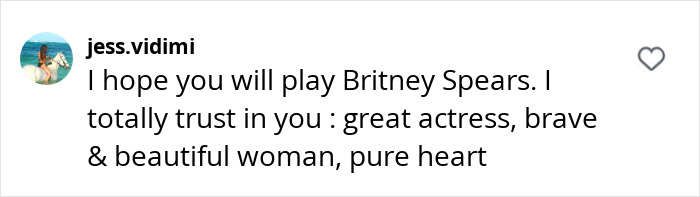 Comment praising Millie Bobby Brown as a great actress and a brave woman, expressing trust in her playing Britney Spears. Comment praising Millie Bobby Brown as a great actress and a brave woman, expressing trust in her playing Britney Spears.