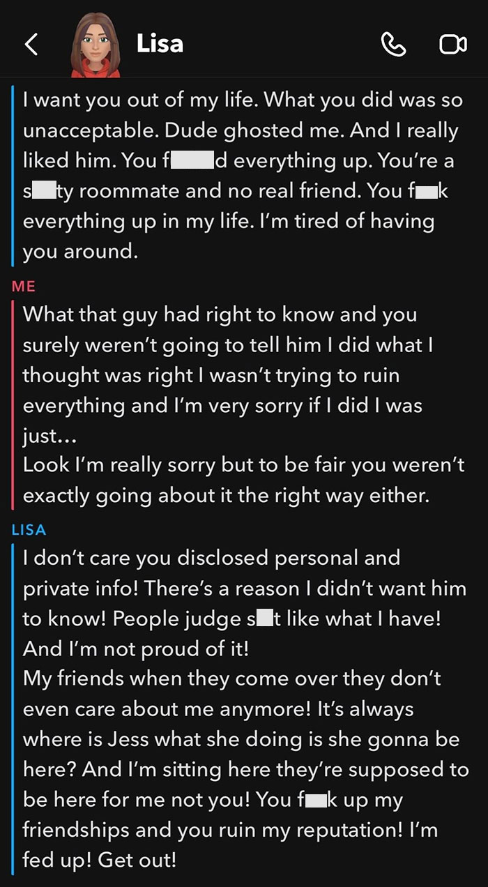 Text conversation between roommates about friend revealing HIV status, damaging reputation, and causing conflict. Text conversation between roommates about friend revealing HIV status, damaging reputation, and causing conflict.