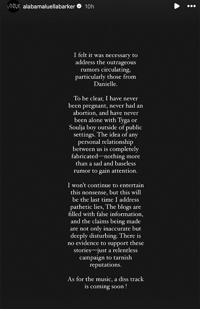 Screenshot of a statement addressing false rumors, related to 47-year-old mob wife accusations, promises a diss track soon. Screenshot of a statement addressing false rumors, related to 47-year-old mob wife accusations, promises a diss track soon.