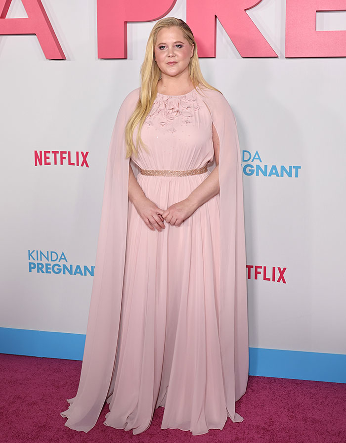 Amy Schumer in a pink gown at a Netflix event, promoting her new comedy. Amy Schumer in a pink gown at a Netflix event, promoting her new comedy.
