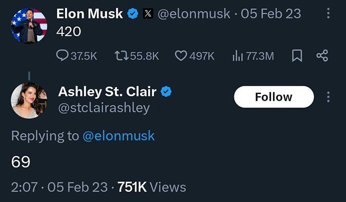 Elon Musk's tweet with a humorous numeric reply from Ashley St. Clair. Elon Musk's tweet with a humorous numeric reply from Ashley St. Clair.