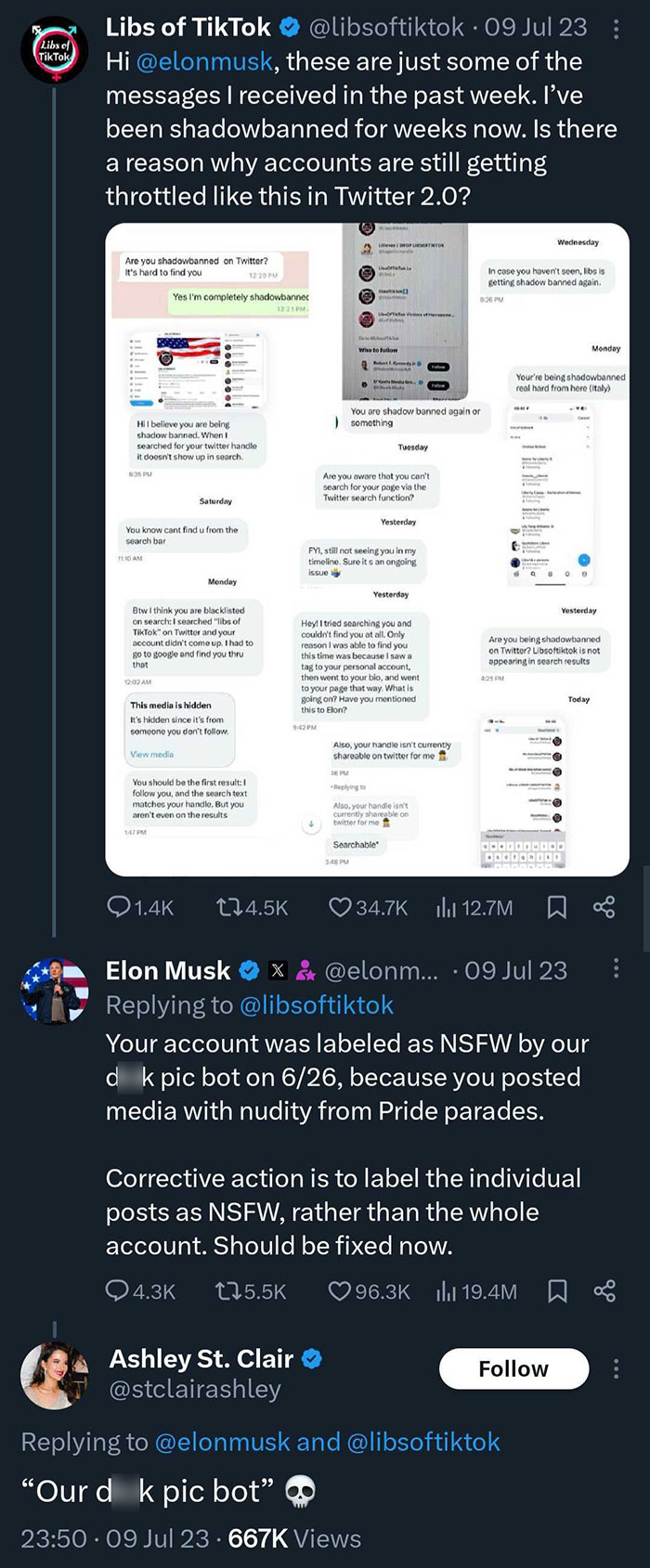 Elon Musk responds to shadowban claims on Twitter; Ashley St Clair reacts humorously to NSFW bot comment. Elon Musk responds to shadowban claims on Twitter; Ashley St Clair reacts humorously to NSFW bot comment.