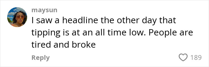 Comment discussing tipping decline, mentioning low tipping rates and financial strain. Comment discussing tipping decline, mentioning low tipping rates and financial strain.