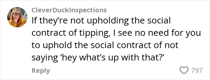 Comment on tipping ethics in response to a debate about asking why customers didn’t tip, with a profile picture beside it. Comment on tipping ethics in response to a debate about asking why customers didn’t tip, with a profile picture beside it.