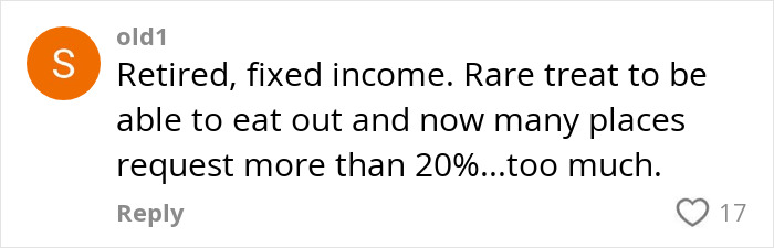 Comment discussing tipping and fixed income, part of a viral debate on asking why customers didn't tip. Comment discussing tipping and fixed income, part of a viral debate on asking why customers didn't tip.