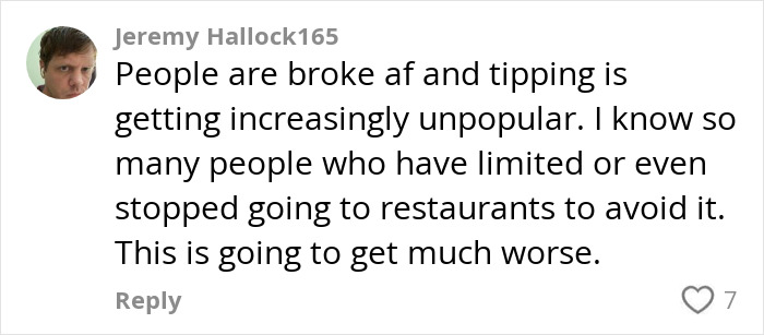Customer comment discussing tipping's decline, sparking server debate online. Customer comment discussing tipping's decline, sparking server debate online.