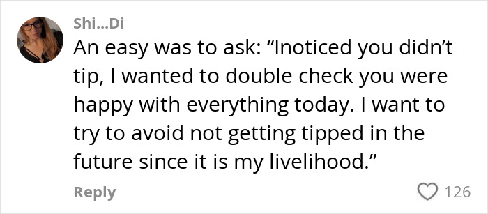 A server comments on asking customers about not tipping, gaining 126 likes. A server comments on asking customers about not tipping, gaining 126 likes.