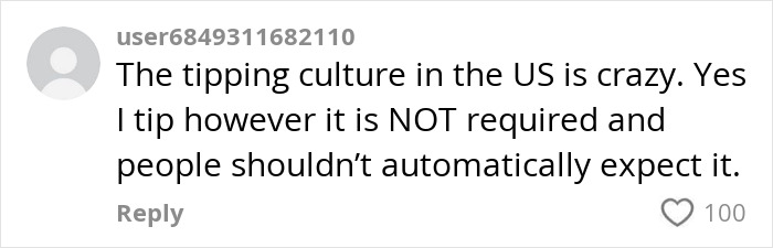 Comment discussing tipping culture in the US, highlighting it's not mandatory, linked to a debate on customer tipping behavior. Comment discussing tipping culture in the US, highlighting it's not mandatory, linked to a debate on customer tipping behavior.