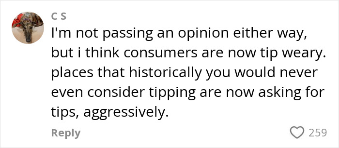 Comment discussing consumer tipping fatigue in the context of servers seeking reasons for no tips. Comment discussing consumer tipping fatigue in the context of servers seeking reasons for no tips.