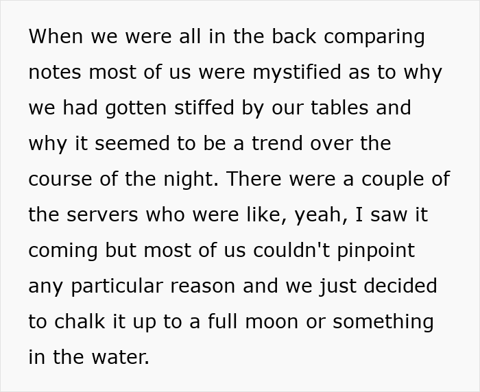 Text about servers discussing a trend of not receiving tips from customers during their shift. Text about servers discussing a trend of not receiving tips from customers during their shift.