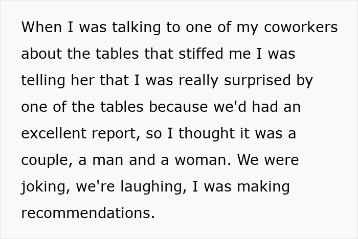 Text discussing a server's surprise at not receiving a tip from a couple, sparking debate on tipping norms. Text discussing a server's surprise at not receiving a tip from a couple, sparking debate on tipping norms.