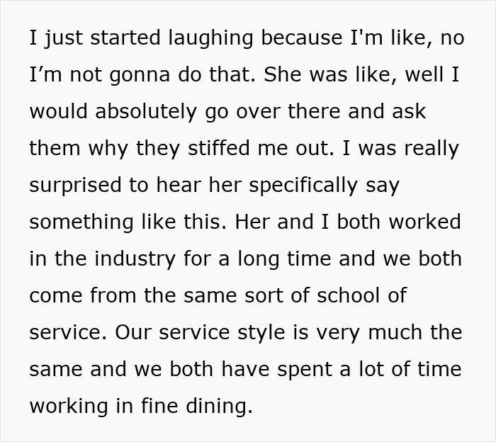 Text discussing a server's thoughts on asking customers why they didn't tip, sparking debate. Text discussing a server's thoughts on asking customers why they didn't tip, sparking debate.