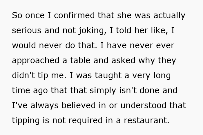 Text discussing a server's view on asking customers why they didn't tip, addressing tipping etiquette and norms in restaurants. Text discussing a server's view on asking customers why they didn't tip, addressing tipping etiquette and norms in restaurants.
