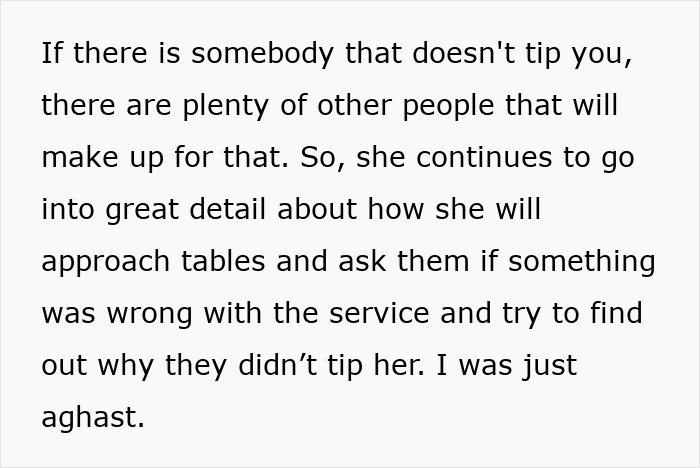 A text image discussing a server's approach to asking why customers didn't tip. A text image discussing a server's approach to asking why customers didn't tip.