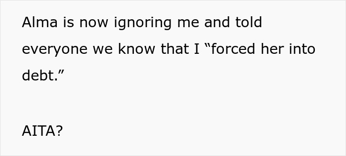 Text discussing an issue where a woman feels blamed for a debt after her friend took her dog to an expensive vet. Text discussing an issue where a woman feels blamed for a debt after her friend took her dog to an expensive vet.