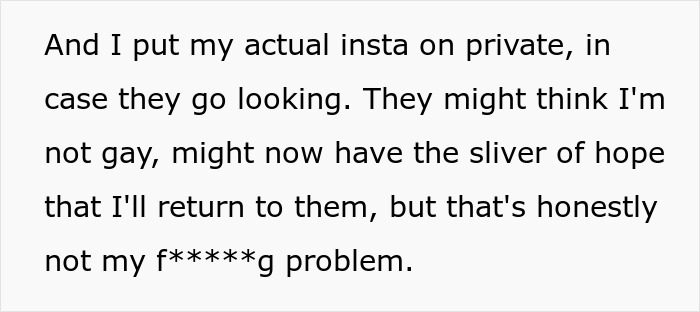 Text screenshot about a teen's private Instagram and family misconceptions about being gay. Text screenshot about a teen's private Instagram and family misconceptions about being gay.