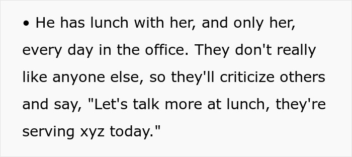 Text about a man having daily lunches with a colleague, making his wife feel excluded. Text about a man having daily lunches with a colleague, making his wife feel excluded.
