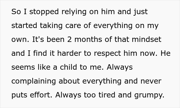 Text expressing frustration over a partner neglecting chores, leading to resentment. Text expressing frustration over a partner neglecting chores, leading to resentment.