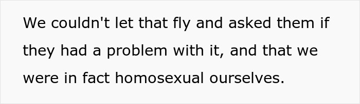 Text image discussing confrontation with homophobic individuals in a bar setting. Text image discussing confrontation with homophobic individuals in a bar setting.