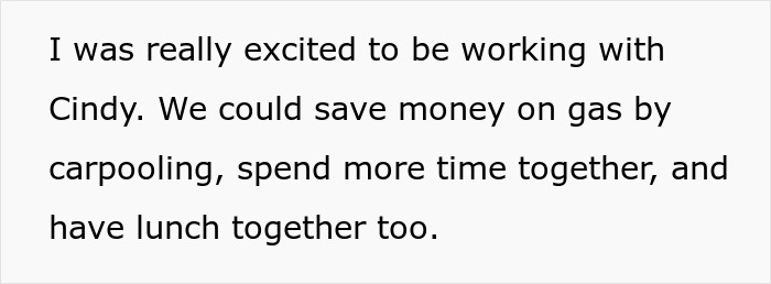 Text describing excitement about working with girlfriend and benefits of carpooling together. Text describing excitement about working with girlfriend and benefits of carpooling together.